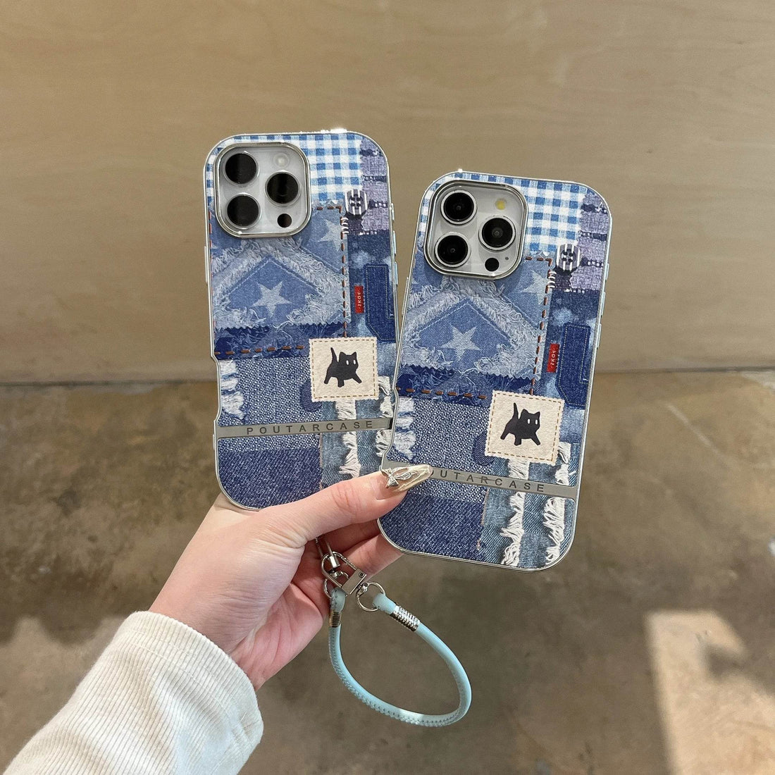 Cute Phone Cases For iPhone 16, 15, 14, 13 Pro Max - Splicing Denim Cloth Little Cat Pattern - Back Cover with Wrist Strap - PC6320 - Touchy Style