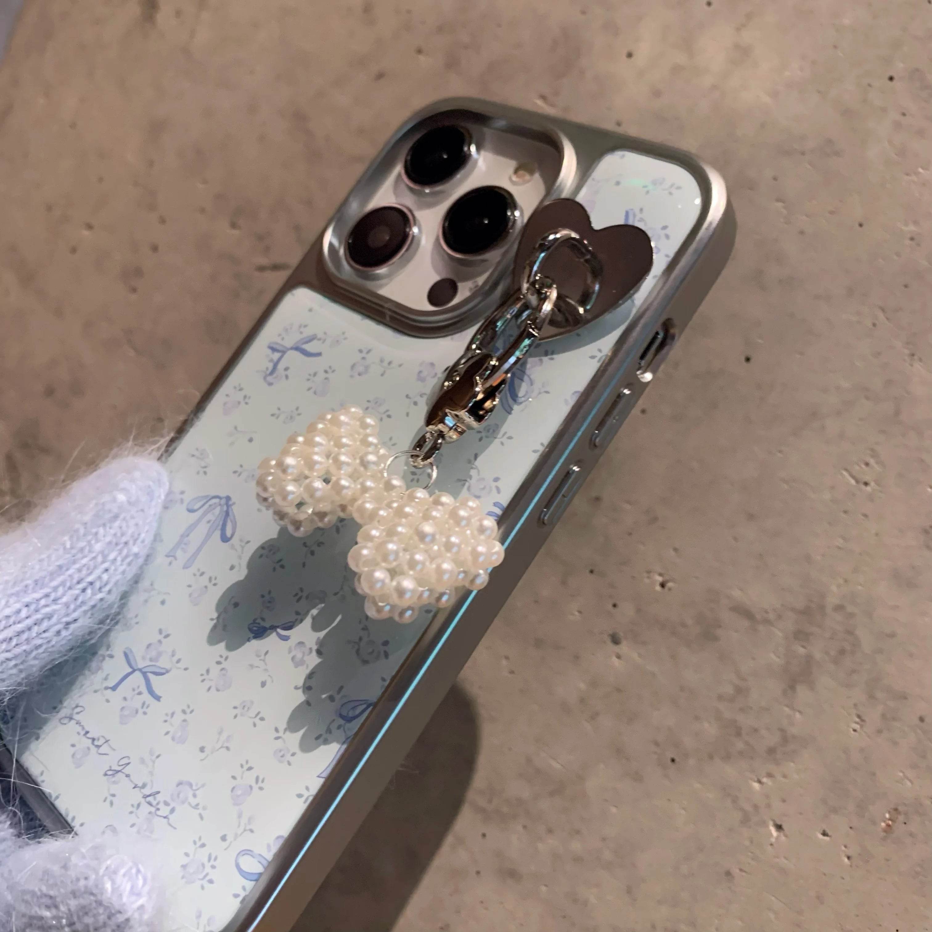 Cute Phone Cases For iPhone 16, 15, 14, 13 Pro Max - Electroplated Frame, Blue Bowknots Beads Dangle - Back Cover - PC0230 - Touchy Style