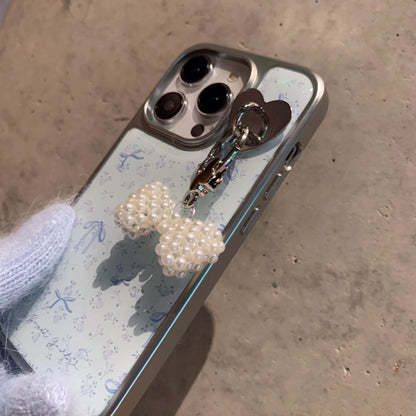 Cute Phone Cases For iPhone 16, 15, 14, 13 Pro Max - Electroplated Frame, Blue Bowknots Beads Dangle - Back Cover - PC0230 - Touchy Style