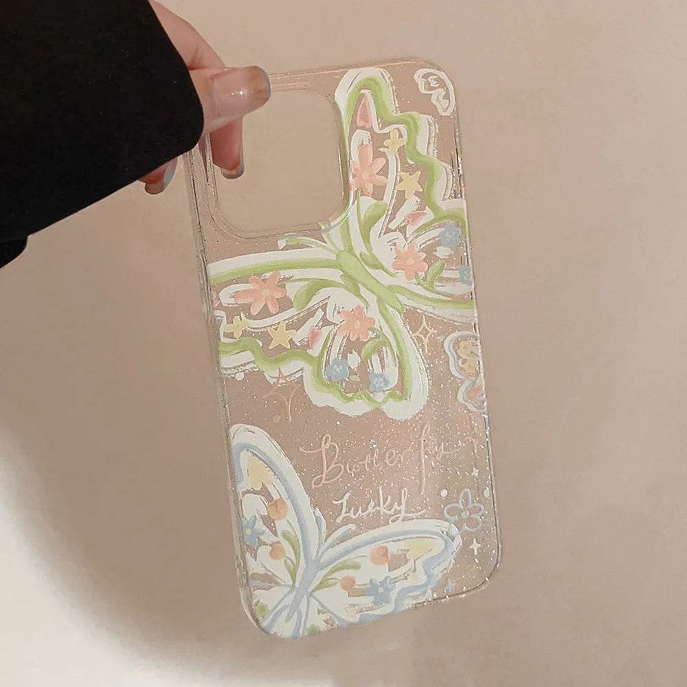Cute Phone Cases For iPhone 16, 15, 14, 13, 12 Pro Max, 15, 14 Plus - Fairy Glitter Green Butterfly - Transparent Cover - IC1420 - Touchy Style