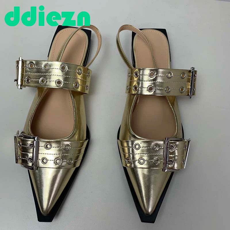 Women Gladiator Sandals Low Heels Shoes Gold Mules Designer Fashion Ladies Shoes For Slides Pointed Toe Casual Female Slippers - Touchy Style
