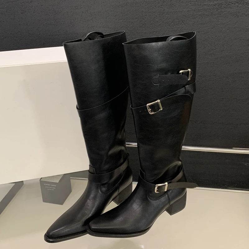 Eilyken Winter Black Punk Round Toe Knee-High Women Boots Square Heels Buckle Strap Ladies Booties Shoes Zapatillas De Mujer - Touchy Style