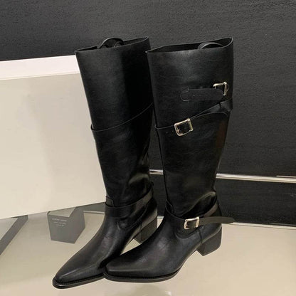 Eilyken Winter Black Punk Round Toe Knee-High Women Boots Square Heels Buckle Strap Ladies Booties Shoes Zapatillas De Mujer - Touchy Style