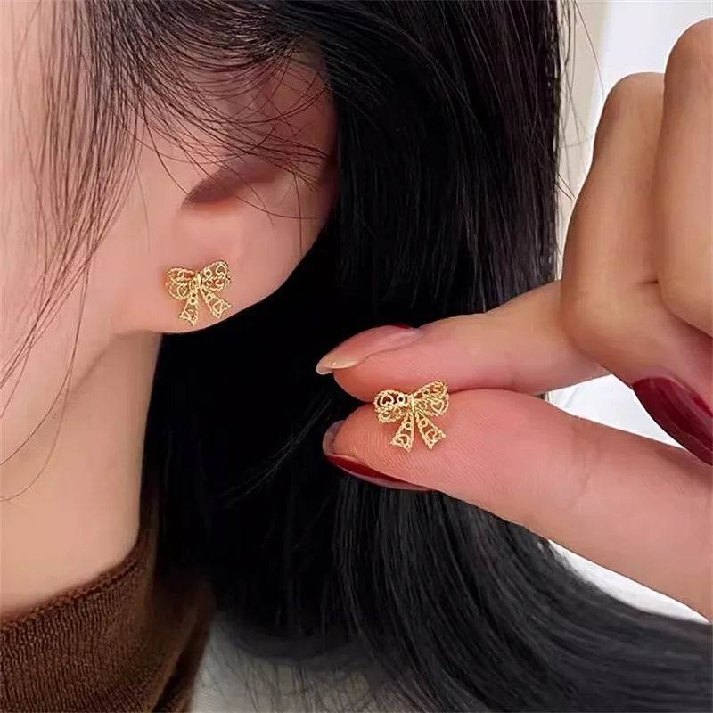 Genuine 925 Sterling Silver Plated 14K Gold Lace Bow Cute Earrings For Women Romantic Earrings Fine Hypoallergenic Jewelry - Touchy Style