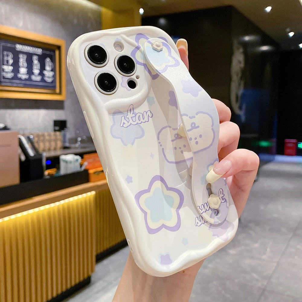 Wrist Strap Case For iPhone 16 15 14 13 12 11 Pro Max X Xs Max XR 16E 7 8 Plus Cream Rabbit Star Wrist Strap Phone Holder Cover