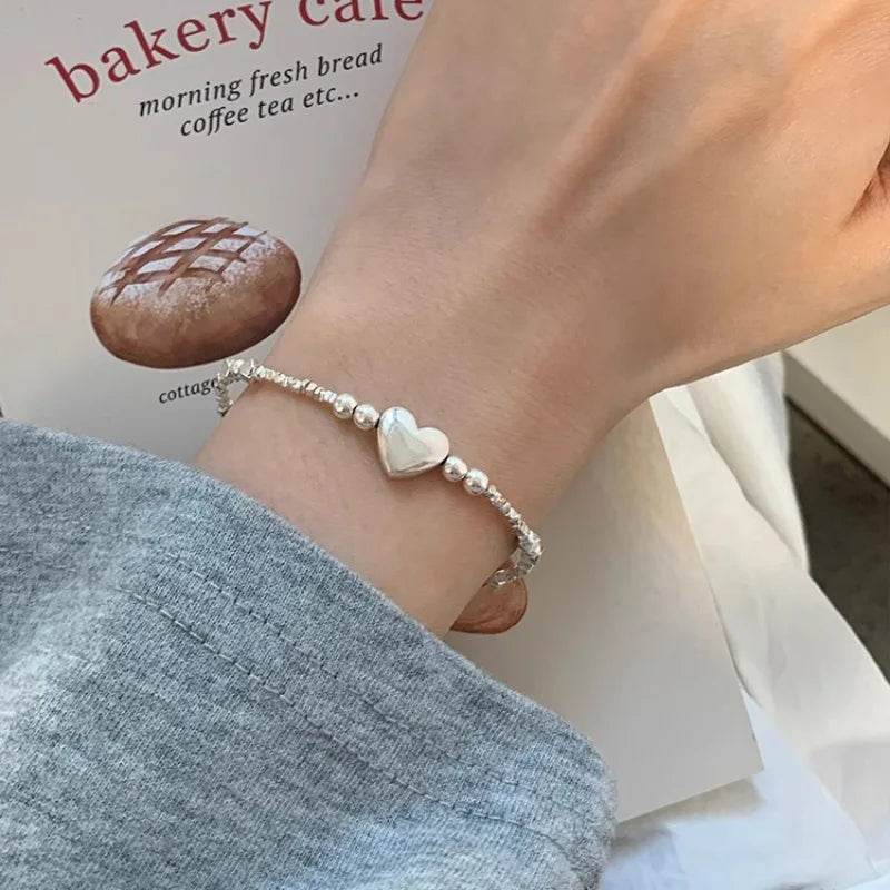 PANJBJ 925 Sterling Silver Love Heart Bead Bracelet For Women Irregular Versatile Classic Jewelry Birthday Gift - B7490 Design - Touchy Style