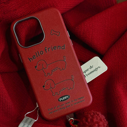 Cute Phone Cases For iPhone 16, 15, 14, 13 Pro Max - Red Leather Cover - Dog Pattern with Fluffy Dangle - PC616 - Touchy Style