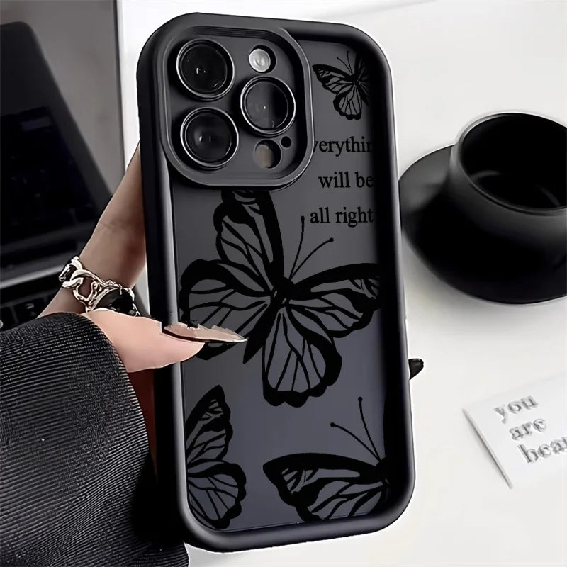 Cute Phone Cases For iPhone 16, 15 Pro Max, 14 Plus, 13, 12 Mini, 11 - Black Butterfly Graphic Printing Back Cover