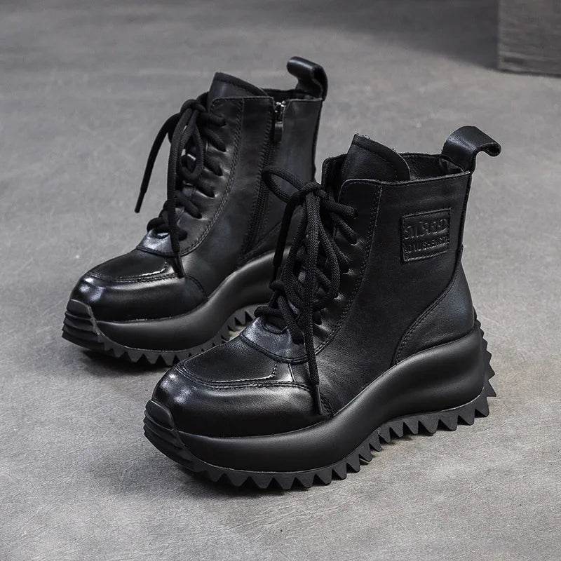 Handmade Woman Genuine Leather Sneakers Thick Soled Short Boots Height Increasing British style Platform Women&