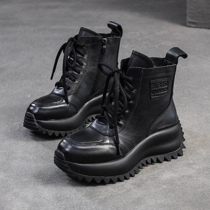 Handmade Woman Genuine Leather Sneakers Thick Soled Short Boots Height Increasing British style Platform Women&
