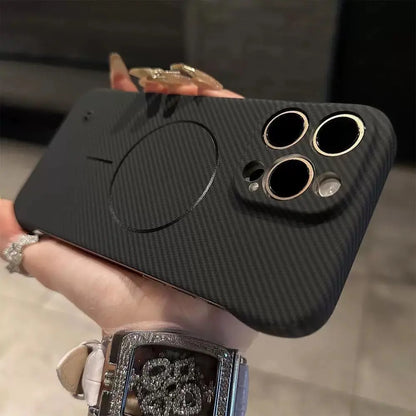 Ultra Thin Carbon Fiber Magsafe Wireless Charge Case for iPhone 16 15 14 Plus 13 12 11 Pro Max Frameless Kevlar Texture PC Cover
