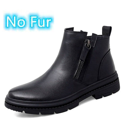 Classic Side Zipper Mens Leather Boots Autumn Winter Male Ankle Boots Comfy Non-Slip Motorcycle Boots Warm Winter Shoes for Men - Touchy Style