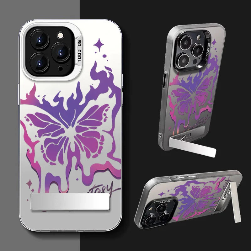 Purple Butterfly Phone Holder Case for iPhone 15 16 14 13 12 11 Pro Max X Xs Max XR 7 8 Plus Mini Luxury Aurora Stand Cover