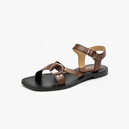 BEAUTODAY Fashion Sandals Women Genuine Cow Leather Buckle Strap Metal Decoration Solid Color Summer Ladies Shoes Handmade 32441