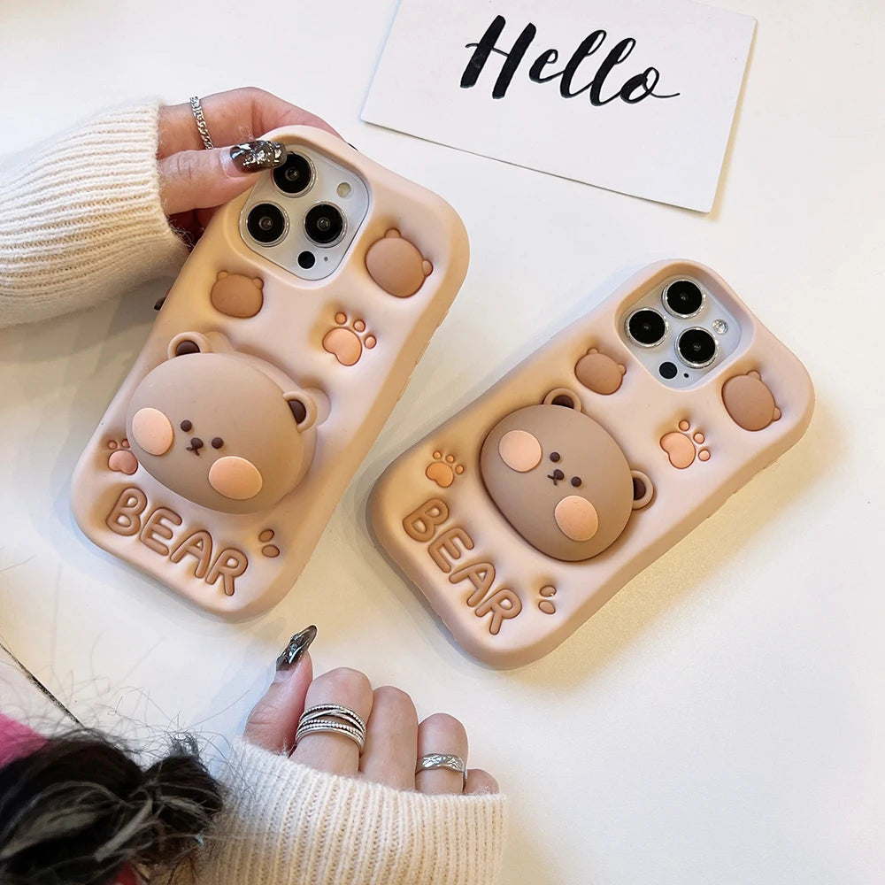 3D Bear Hidden Holder Cute Phone Case for iPhone 11, 12, 13, 14, 15 Pro Max, XS, XR, X, 7, 8 Plus