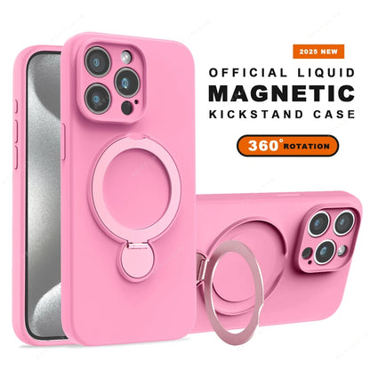 For Magsafe Stand Phone Case For iPhone 16 Plus 13 14 15 16 Pro Max Liquid Silicone Magnetic Charge Holder Protector Soft Cover