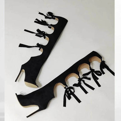 Street Style Thin High Heels Women Knee-High Boots Designer Hollow Out Zipper Shoes Party Prom Zapatos De Muje - Touchy Style