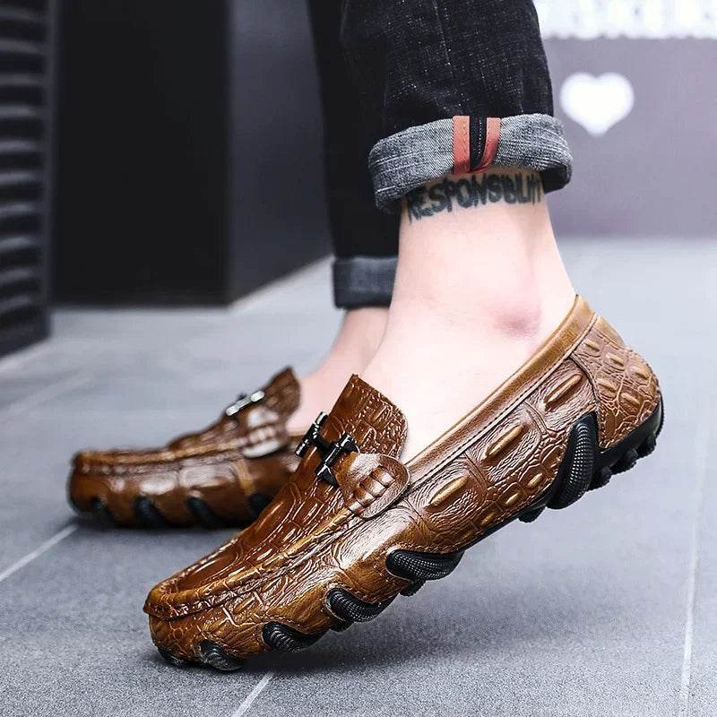 Men Casual Shoes Genuine Leather Crocodile Style Luxury Brand Mens Loafers Moccasins Slip on Black Driving Shoes Plus Size 38-47 - Touchy Style