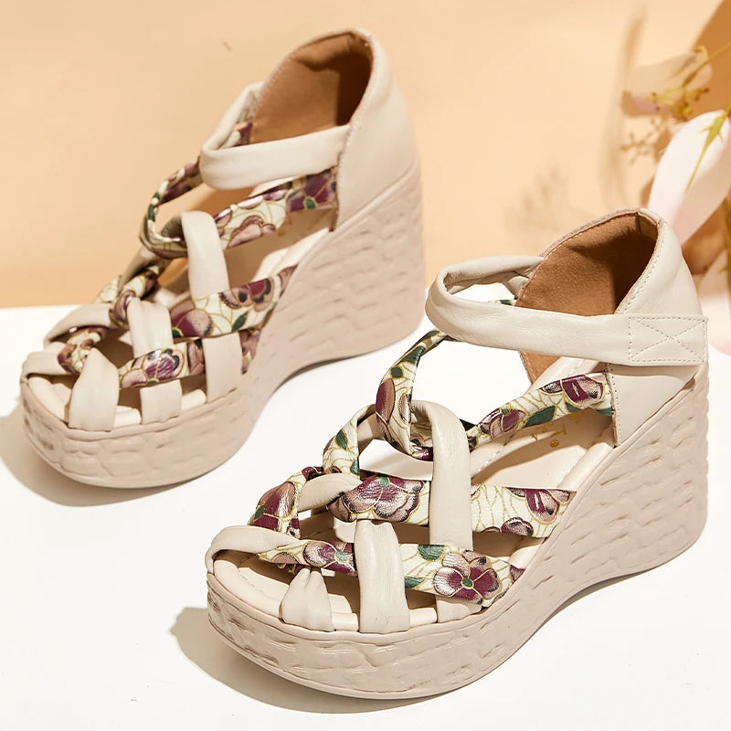 Retro Sandals Summer New Hook &amp; Loop Bohemian Genuine Leather Comfortable Thick Bottom Women&