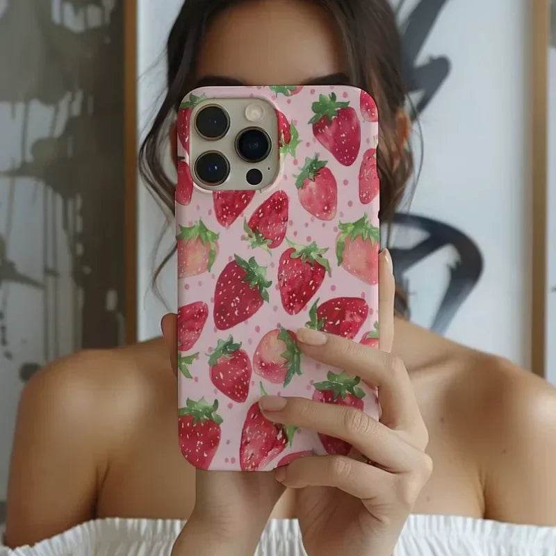Cute Phone Cases For iPhone 16ProMax, 15, 14, 13, 12, 11 PRO Plus - Watercolor Strawberry Pattern - Acrylic TPU Cover - Touchy Style