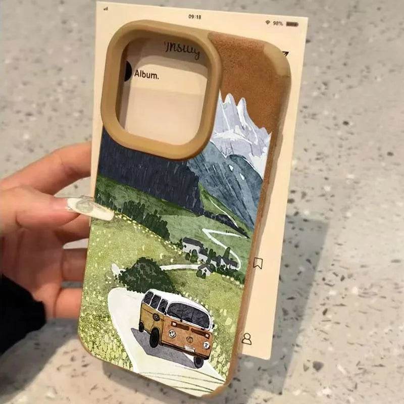 Cute Phone Cases For iPhone 11, 12, 13, 14, 15, 16 Pro Max, 11 Plus, XS, X, XR - Drive Travel Landscape Pattern - Leather Bumper Cover - Touchy Style