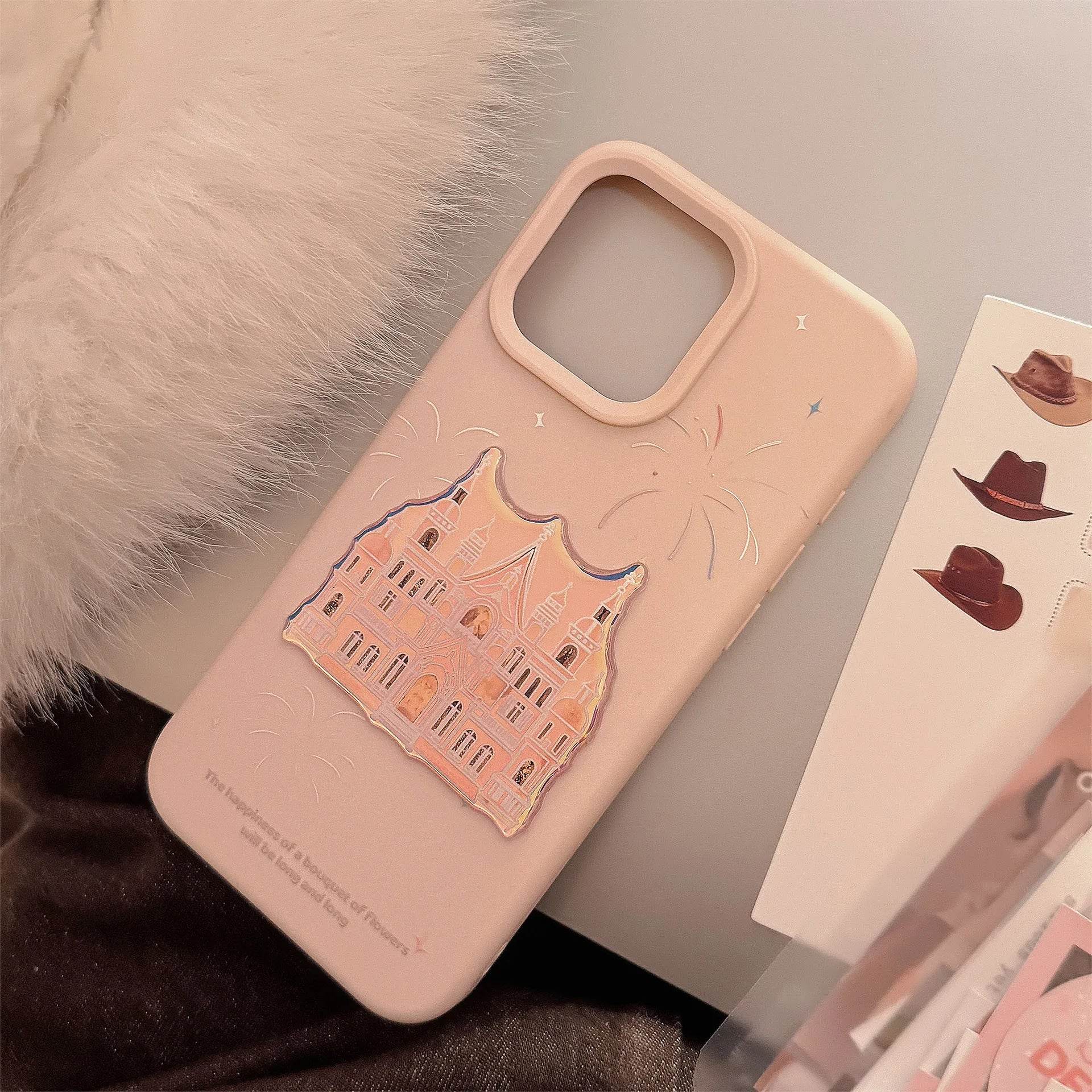 Cute Phone Cases For iPhone 16, 15, 14, 13, 12, 11 Pro Max - Pink Castle, Laser Art with Sweet Bracelet Pendant - IC1050 - Touchy Style