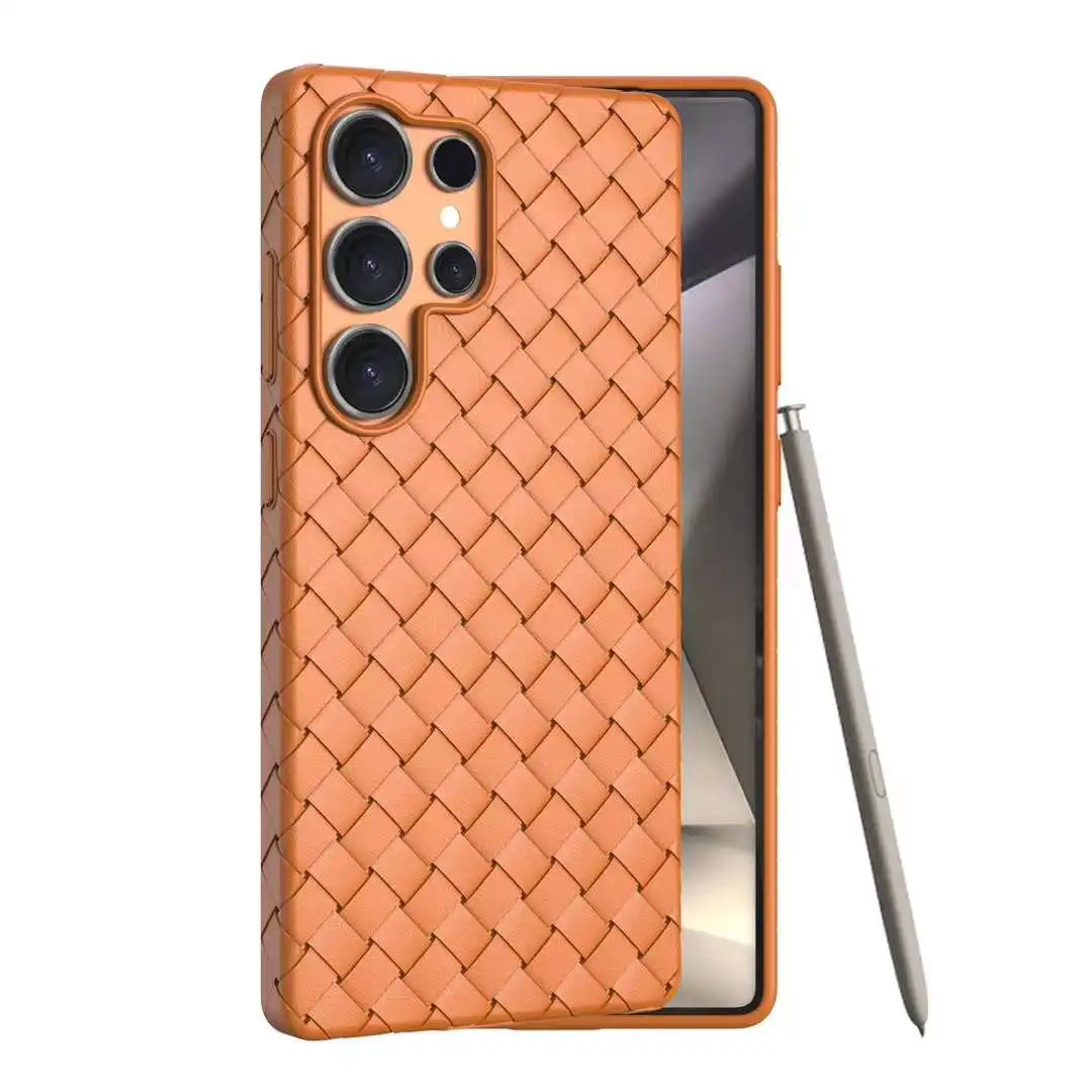 Luxury Leather Breathable Phone Case For Samsung Galaxy S25 Ultra Plus Weave Pattern Mesh Grid Heat Dissipation Cooling Cover