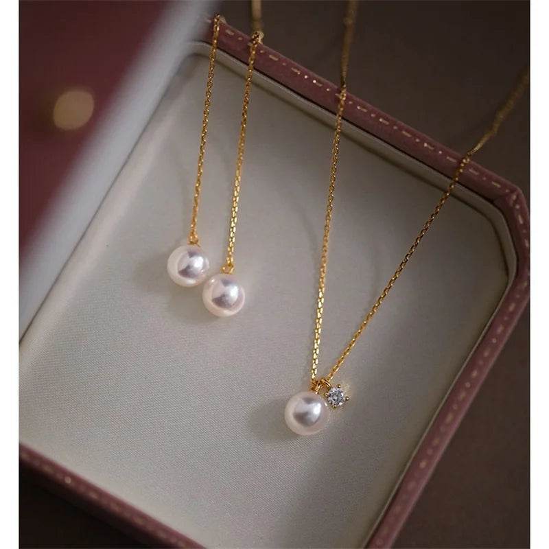 925 Sterling Silver Plating 14K Gold Shell Pearl Zircon Pendant Necklace for Women Simple French Wedding Jewelry Accessorie - Touchy Style