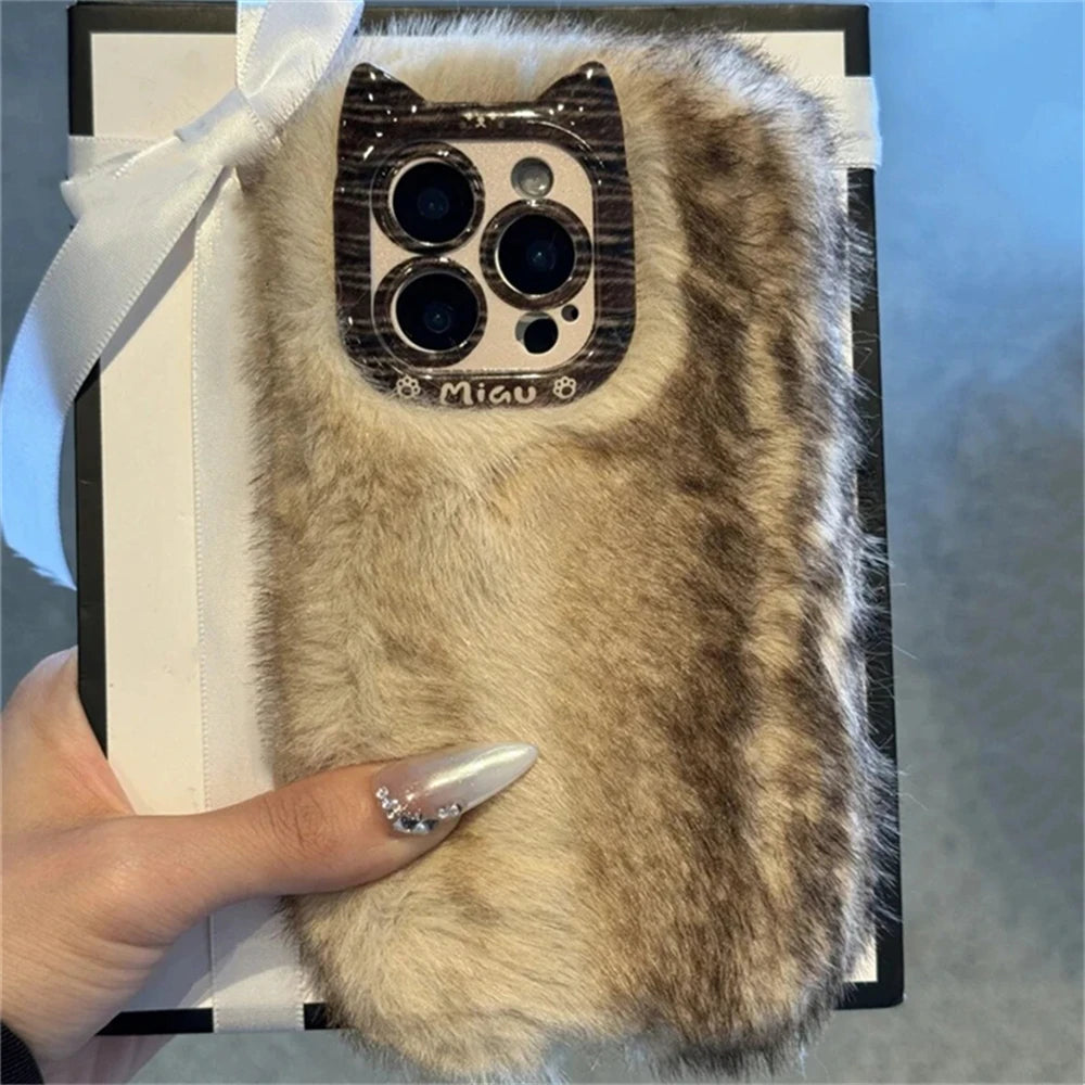 Cute Cat Fluffy Gradient Plush Phone Case For iphone 16 15 13 12 Pro Max 14 Plus 11 Girl Winter Warm Cover Cartoon Soft Shell