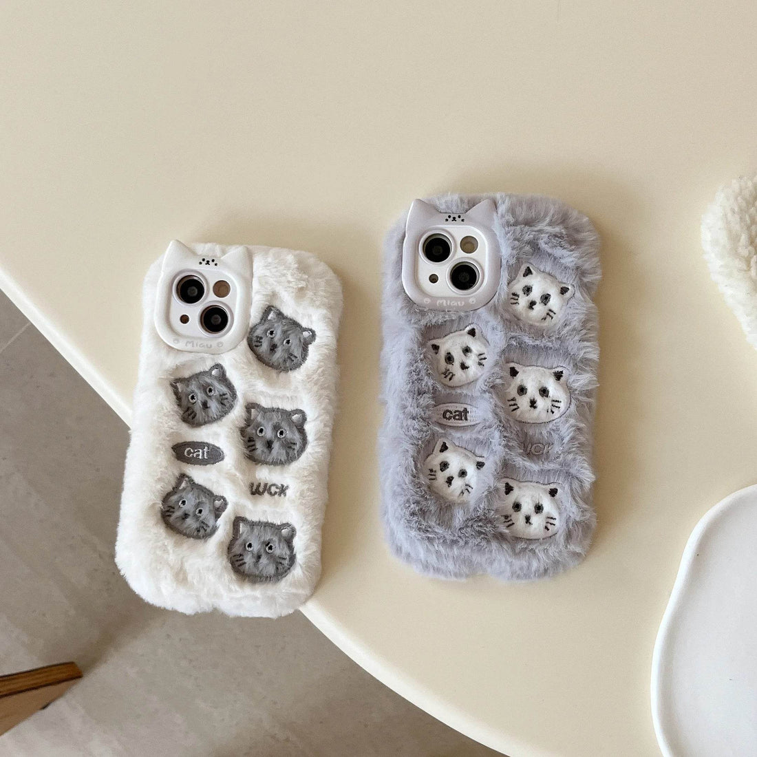 Cute Phone Cases For iPhone 16, 15, 14, 13 Pro Max - Grey &amp; White Fluffy Cat Pattern - Cat Ear Lens Frame - PC6430 - Touchy Style