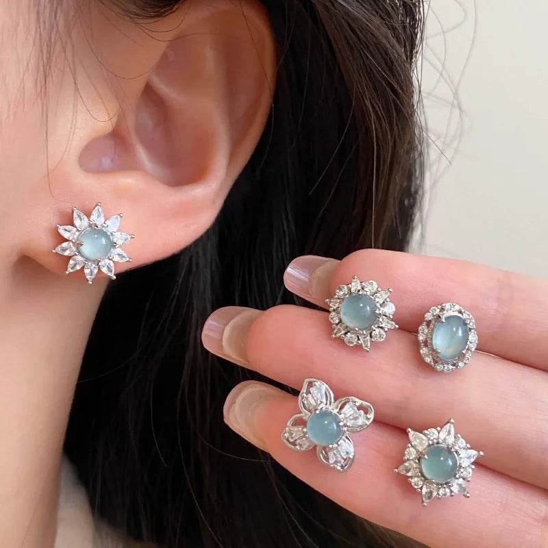 PANJBJ 925 Sterling Silver Blue Crystal Studs Earrings For Women Zircon Geometry Design Sweet Banquet Jewelry Gift Dropshipping - Touchy Style