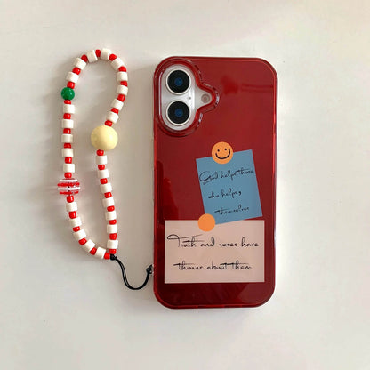 Cute Phone Cases For iPhone 16, 15, 14, 13 Pro Max - Double Layer Sticker Label Cover - Beads Wrist Chain - PC1450 - Touchy Style