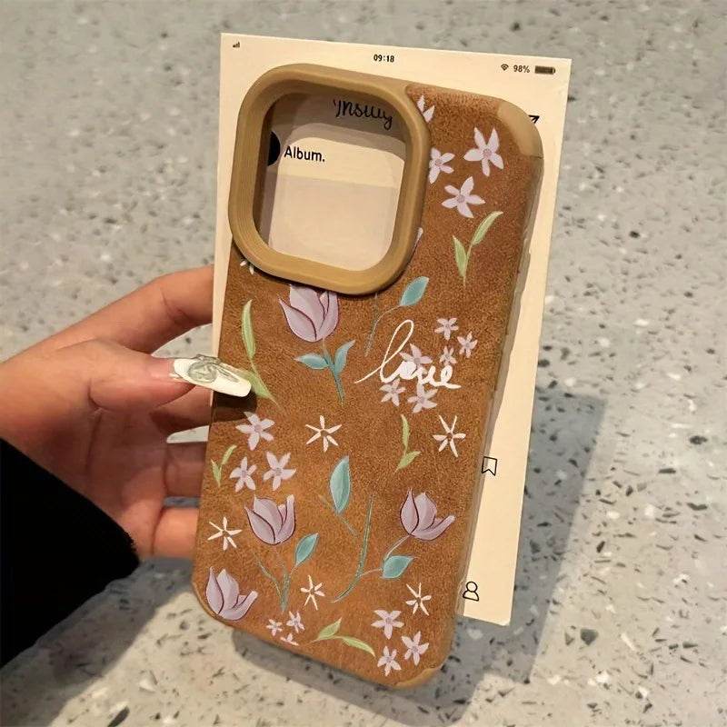 Cute Phone Cases For iPhone 11 12 13 Pro Max 14 15 16 Plus XS X XR 16 - Tulip Flower Pattern - Leather Bumper Cover - Touchy Style