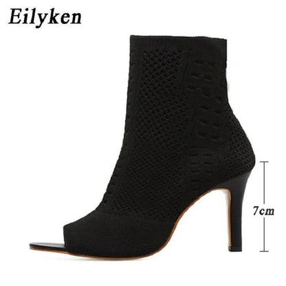 Spring Design Ankle Boots Women Peep Toe Knitted Stretch Fabric Booties Sexy Cut-Out Stilettos High Heels Shoes - Touchy Style