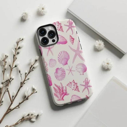 Cute Phone Cases For iPhone 16ProMax, 15, 14, 13, 12, 11 PRO, 11 Plus - Pink Seashell Pattern - Acrylic TPU Cover - IC7221 - Touchy Style