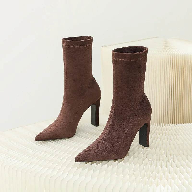 Winter Thick Heel Sock Flock Women Boots Pointed Toe Ankle Booties Sexy Female Shoes Plus Size 34-42 - Touchy Style