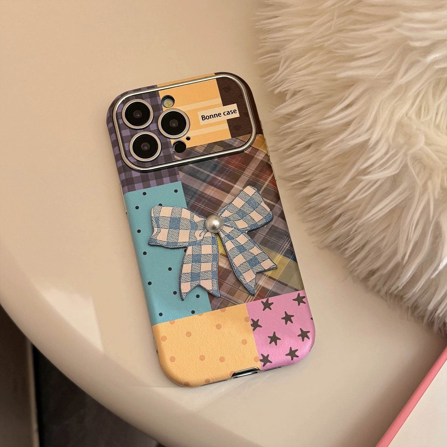 Cute Phone Cases iPhone 16, 15, 14, 13 Pro Max - Leather Texture Splicing Checker Bowknot Sticker Cover - PC3550 - Touchy Style