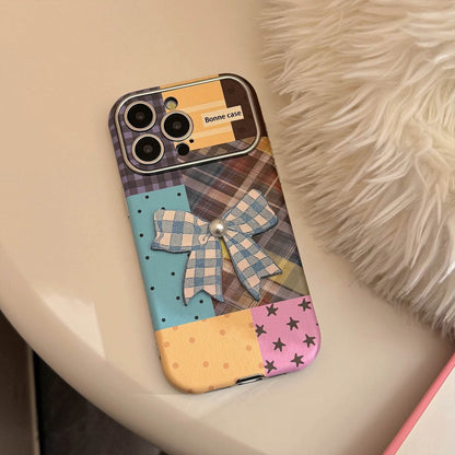Cute Phone Cases iPhone 16, 15, 14, 13 Pro Max - Leather Texture Splicing Checker Bowknot Sticker Cover - PC3550 - Touchy Style