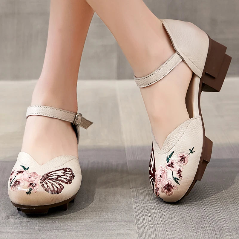 High Heels Sandals Women Shoes 2024 New Spring Genuine Leather Buckle Strap Retro Round Toe Casual Platform Ladies Shoes