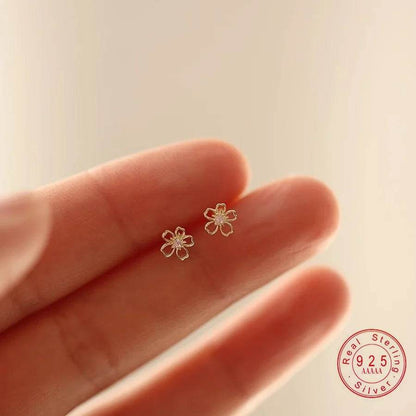 Genuine 925 Sterling Silver Plated 14K Gold Pink Zircon Cherry Blossom Earrings For Women Romantic Earrings Fine Jewelry - Touchy Style
