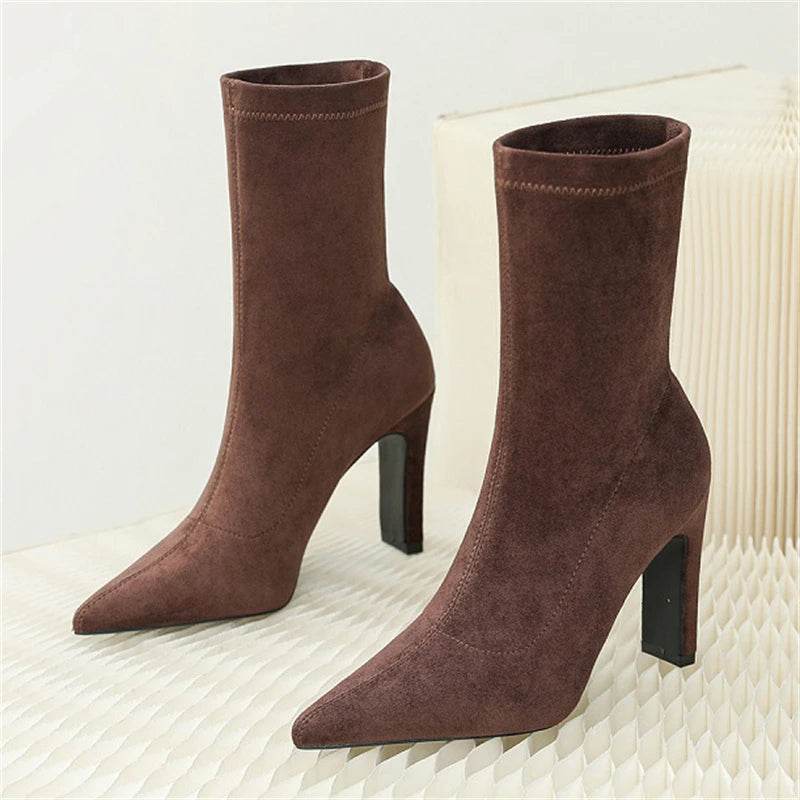 Winter Thick Heel Sock Flock Women Boots Pointed Toe Ankle Booties Sexy Female Shoes Plus Size 34-42 - Touchy Style