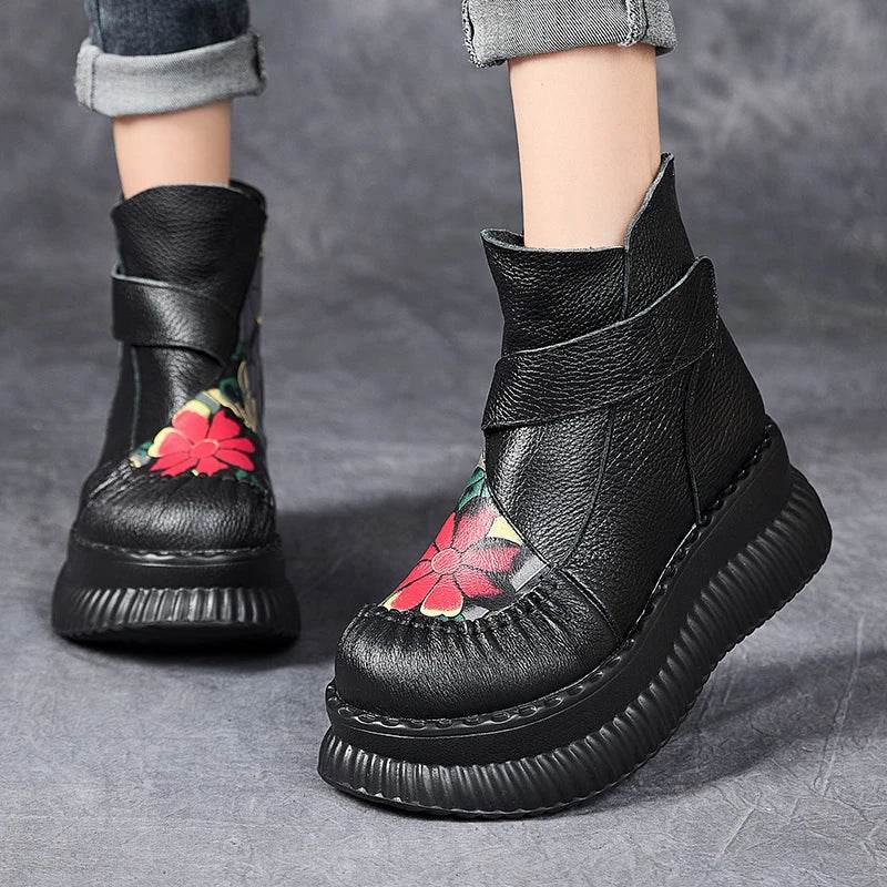 Handmade Ankle Boots Platform Women Genuine Cow Leather Short Boots Round Toe Height Increasing Thick Sole Ladies Shoes - Touchy Style