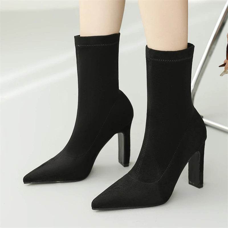 Winter Thick Heel Sock Flock Women Boots Pointed Toe Ankle Booties Sexy Female Shoes Plus Size 34-42 - Touchy Style