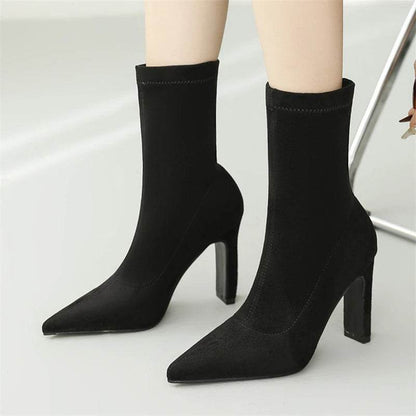 Winter Thick Heel Sock Flock Women Boots Pointed Toe Ankle Booties Sexy Female Shoes Plus Size 34-42 - Touchy Style