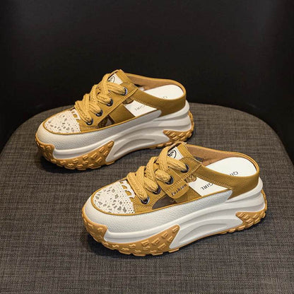 Genuine Leather Slippers Women Hollow Mules Summer Height Increasing Breathable Casual Shoes Wedges Platform Slip On Sneakers