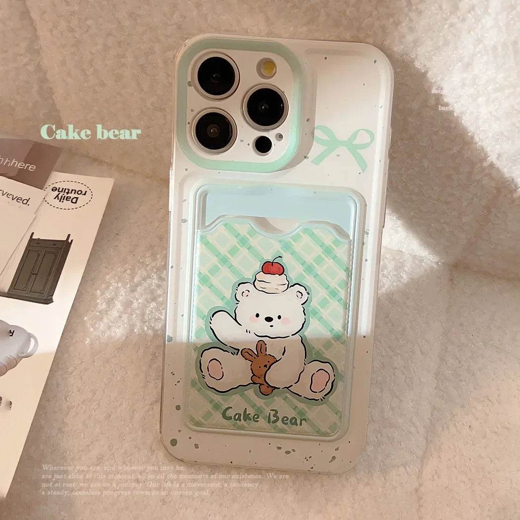 Cute Phone Cases For iPhone 16, 15, 14, 13 Pro Max, Xr, 15, 14, 16 Plus - Cherry Cake Bear Doll - Green plaid Photo Card Holder - IC5320 - Touchy Style