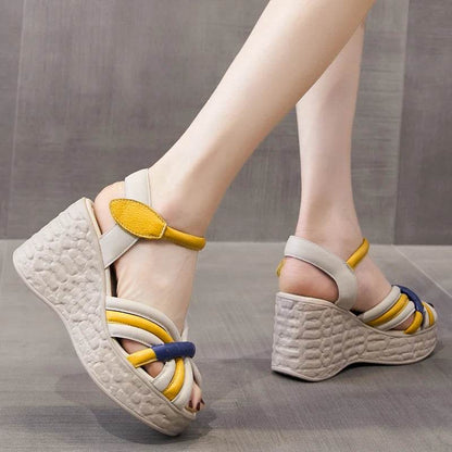 Women Sandals Genuine Leather New Summer Women Shoes hook &amp; loop Retro Wedges Casual Platform Ladies Sandals