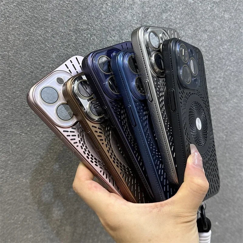 Luxury Wristband Lanyard Magnetic Case for iPhone 16 15 14 13 12 Pro Max 16 Plus Magsafe Hollow Out Heat Dissipation Slim Cover