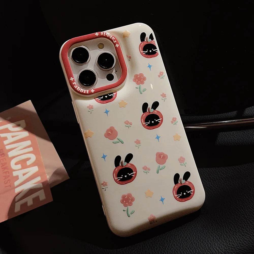 Cute Phone Cases For iPhone 16, 15, 14, 13, 12, 11 Pro Max, Xr, 16 Plus - Funny Tomato Black Rabbit Flowers Cover - IC6040 - Touchy Style