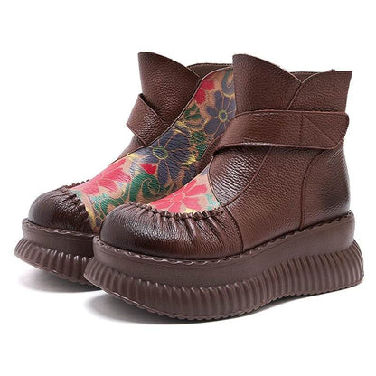 Handmade Ankle Boots Platform Women Genuine Cow Leather Short Boots Round Toe Height Increasing Thick Sole Ladies Shoes - Touchy Style